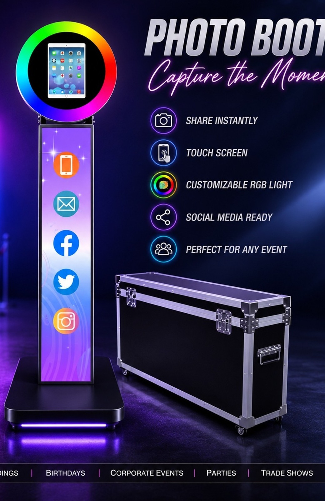 Selfie photo booth with ring light and touchscreen